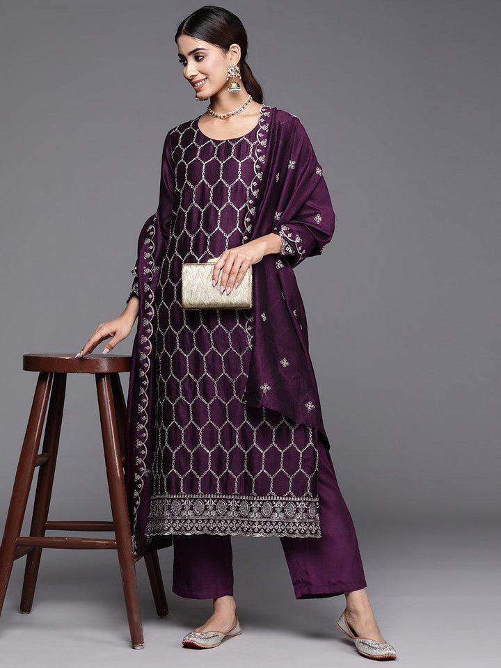 Wine Embroidered Silk Blend Straight Suit With Dupatta
