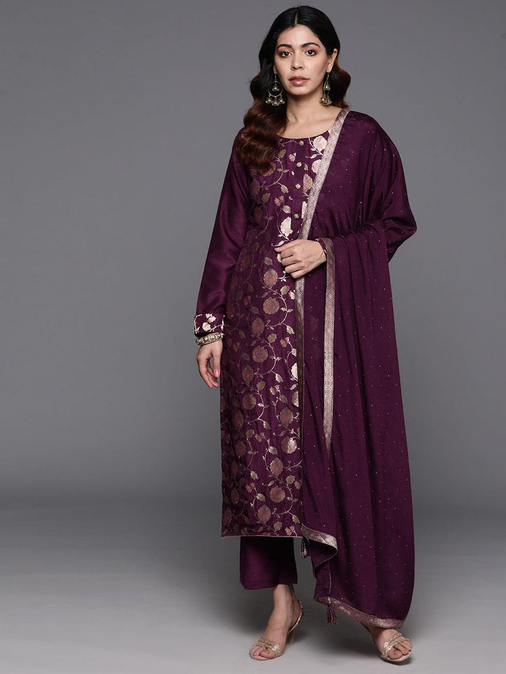 Wine Woven Design Silk Blend Straight Suit With Dupatta