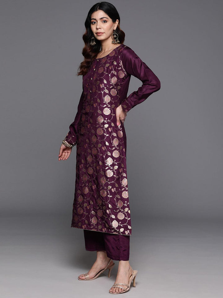 Wine Woven Design Silk Blend Straight Suit With Dupatta