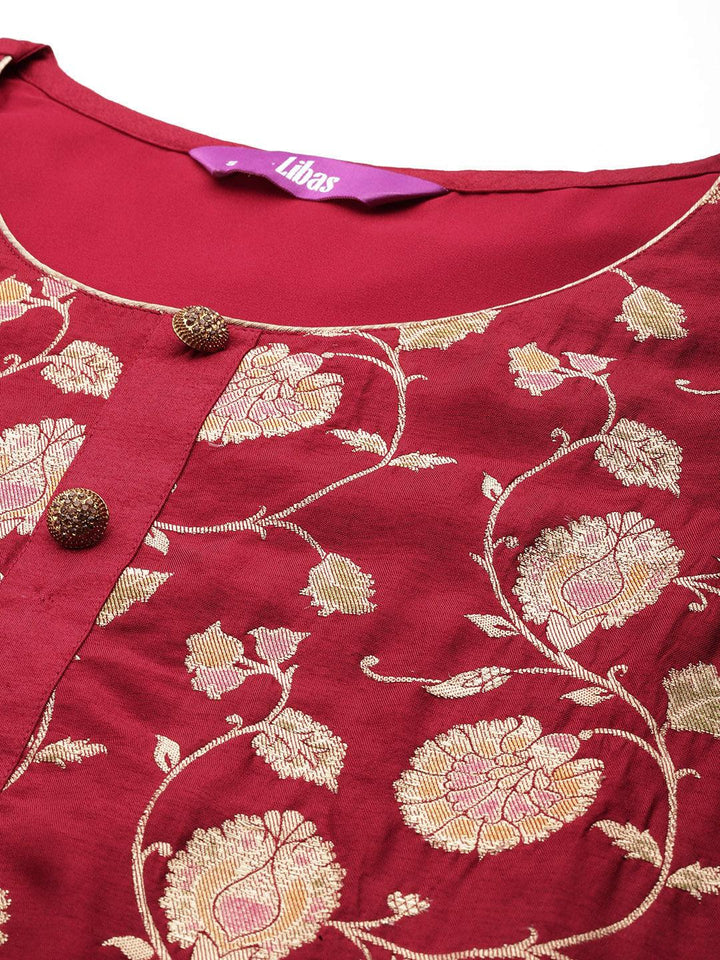 Red Woven Design Silk Blend Straight Suit With Dupatta