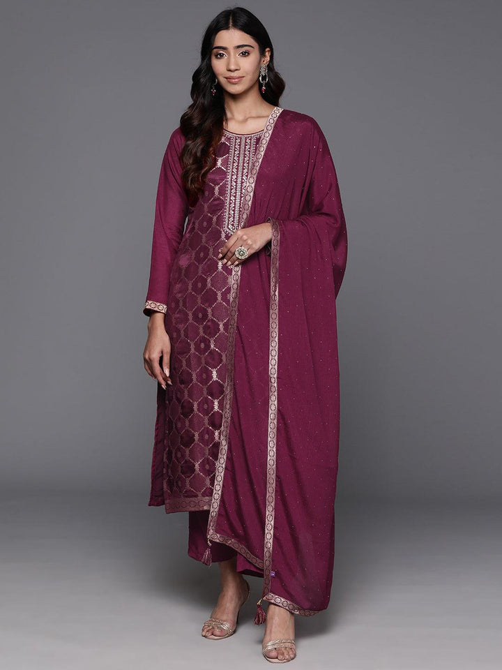 Wine Woven Design Silk Blend Straight Suit With Dupatta