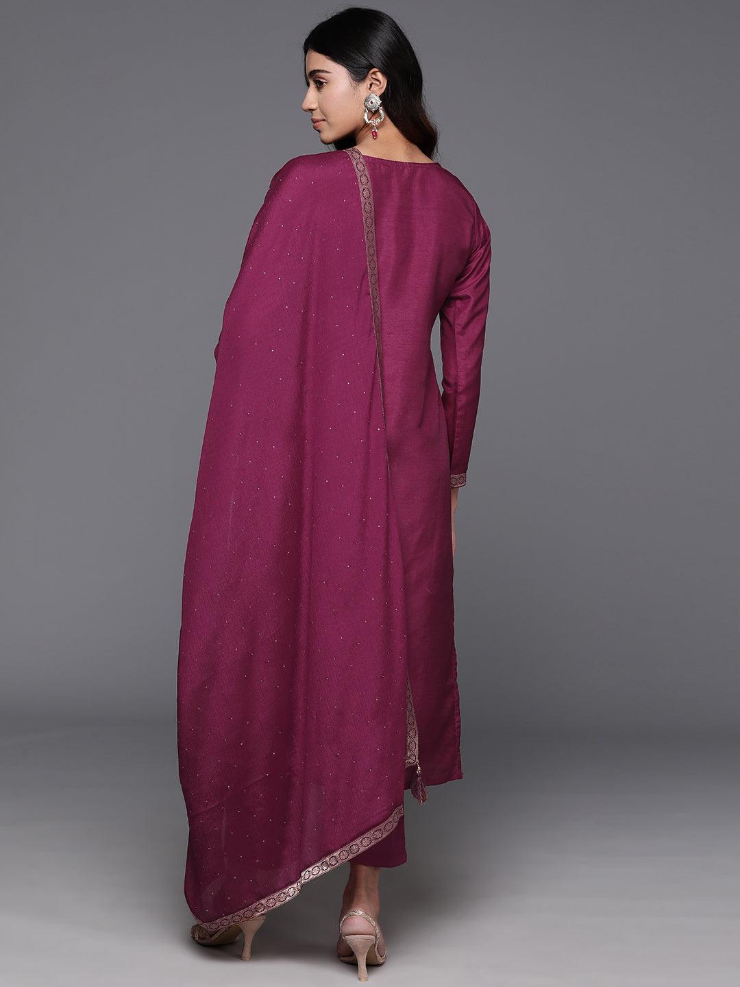 Wine Woven Design Silk Blend Straight Kurta With Trousers & Dupatta - ShopLibas
