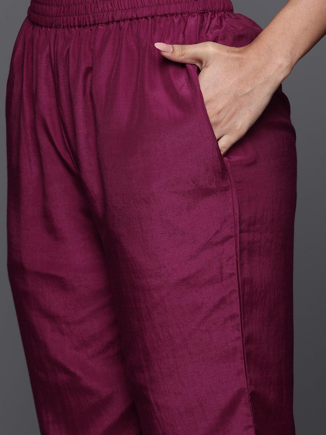 Wine Woven Design Silk Blend Straight Kurta With Trousers & Dupatta - ShopLibas