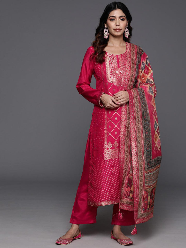 Pink Woven Design Silk Blend Straight Suit With Dupatta