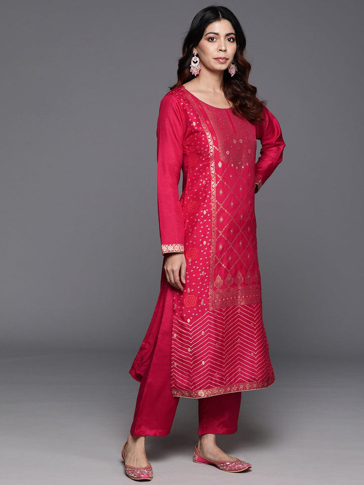 Pink Woven Design Silk Blend Straight Suit With Dupatta