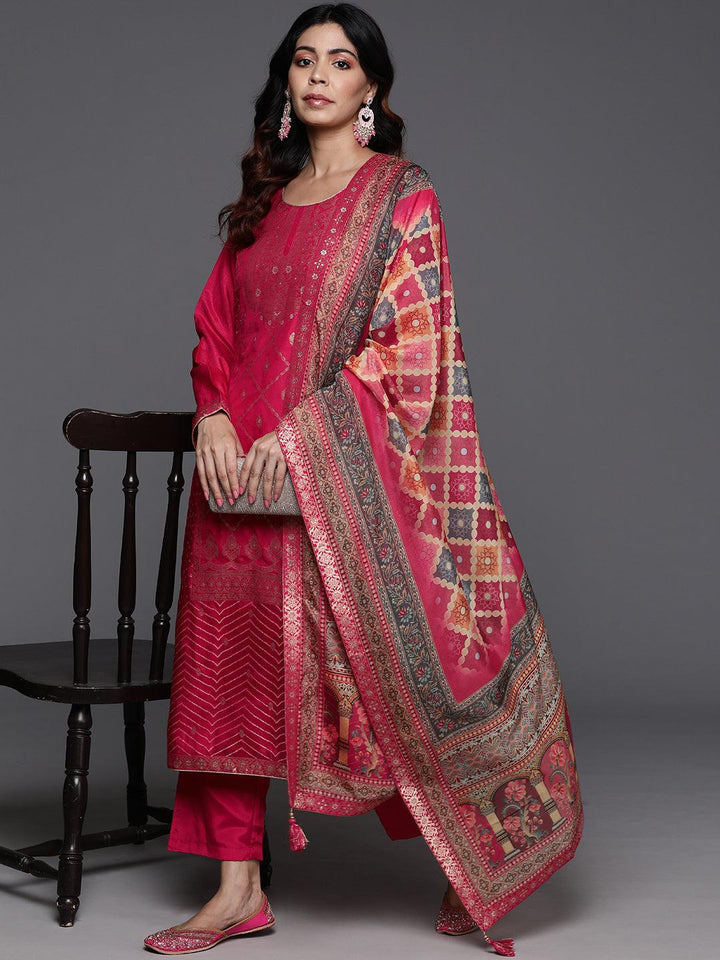 Pink Woven Design Silk Blend Straight Suit With Dupatta