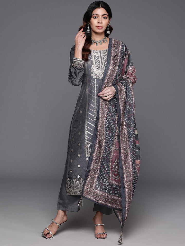 Grey Woven Design Silk Blend Straight Suit With Dupatta