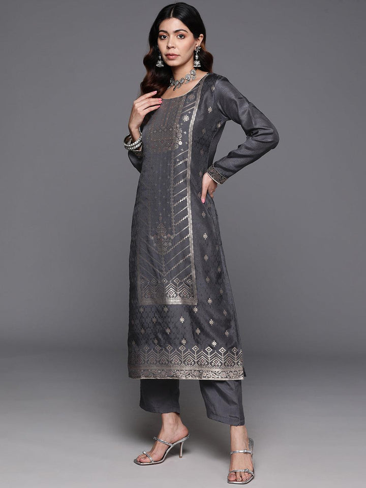 Grey Woven Design Silk Blend Straight Suit With Dupatta