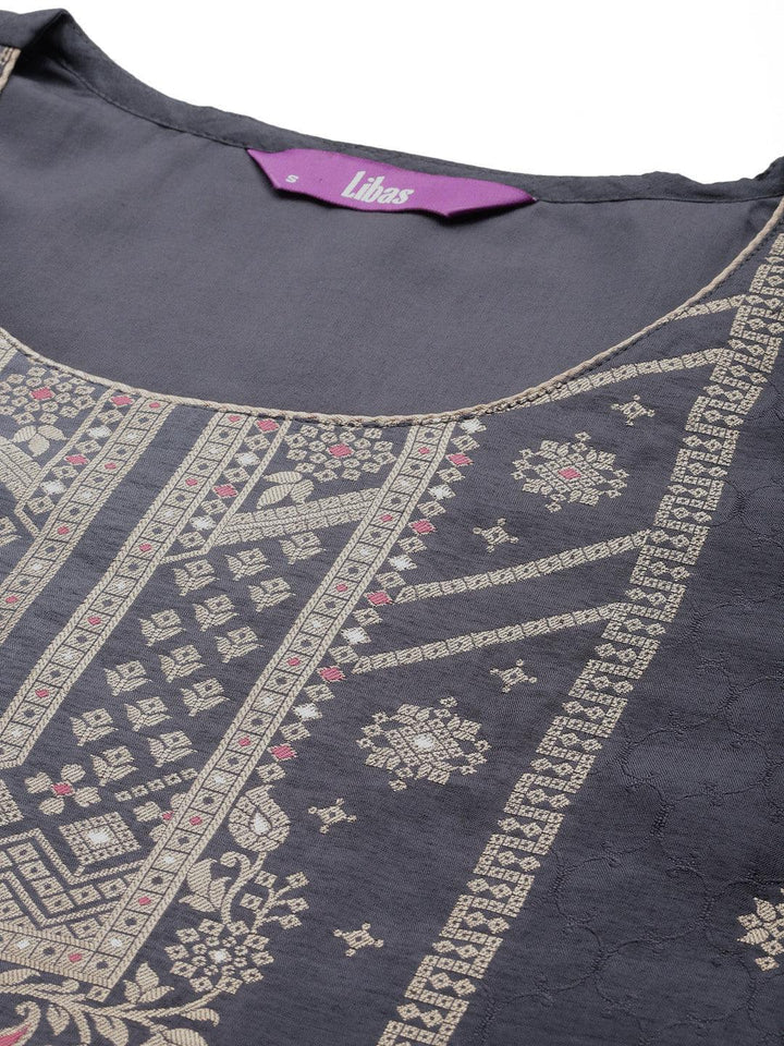 Grey Woven Design Silk Blend Straight Suit With Dupatta