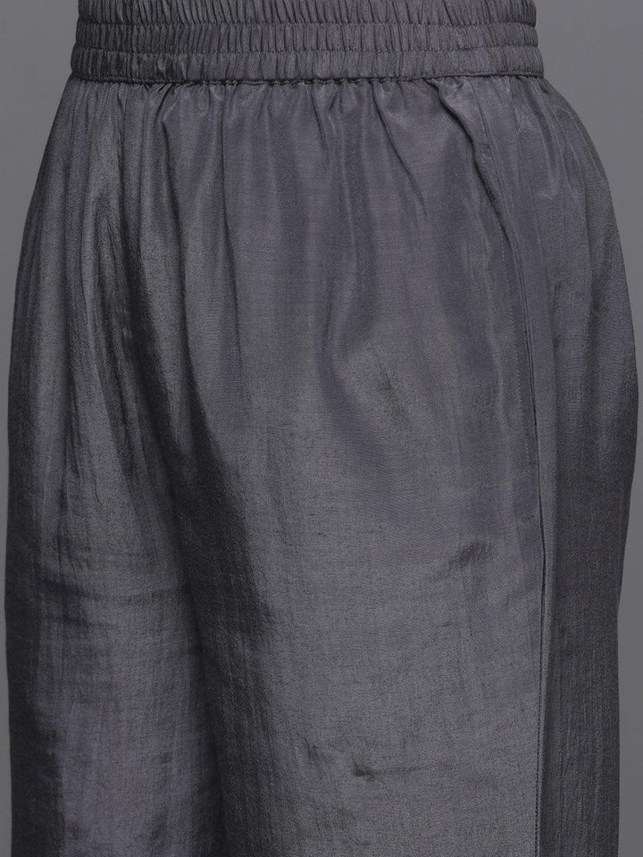 Grey Woven Design Silk Blend Straight Suit With Dupatta