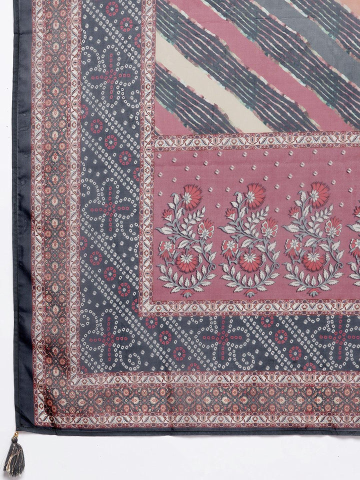 Grey Woven Design Silk Blend Straight Suit With Dupatta