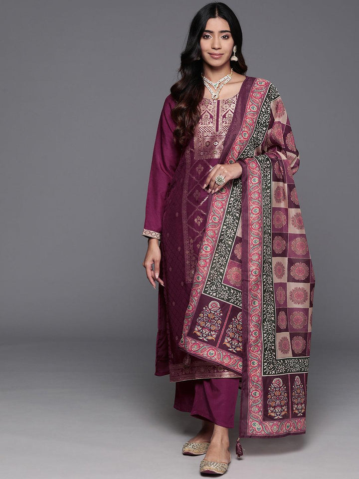 Maroon Woven Design Silk Blend Straight Suit With Dupatta