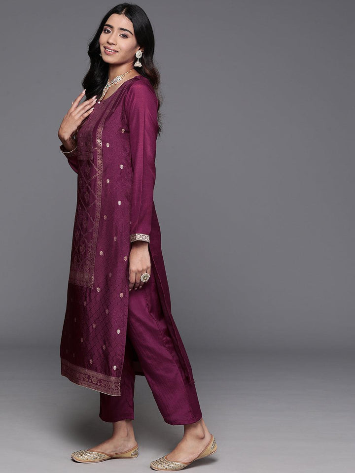 Maroon Woven Design Silk Blend Straight Suit With Dupatta