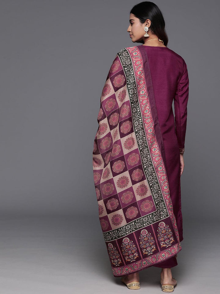 Maroon Woven Design Silk Blend Straight Suit With Dupatta