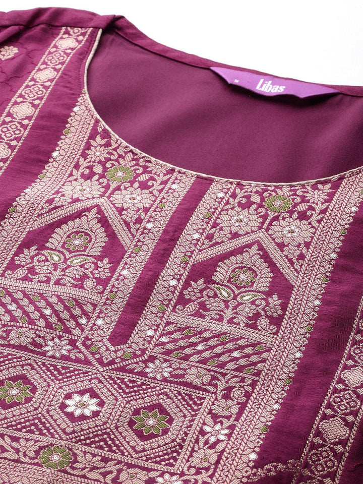 Maroon Woven Design Silk Blend Straight Suit With Dupatta