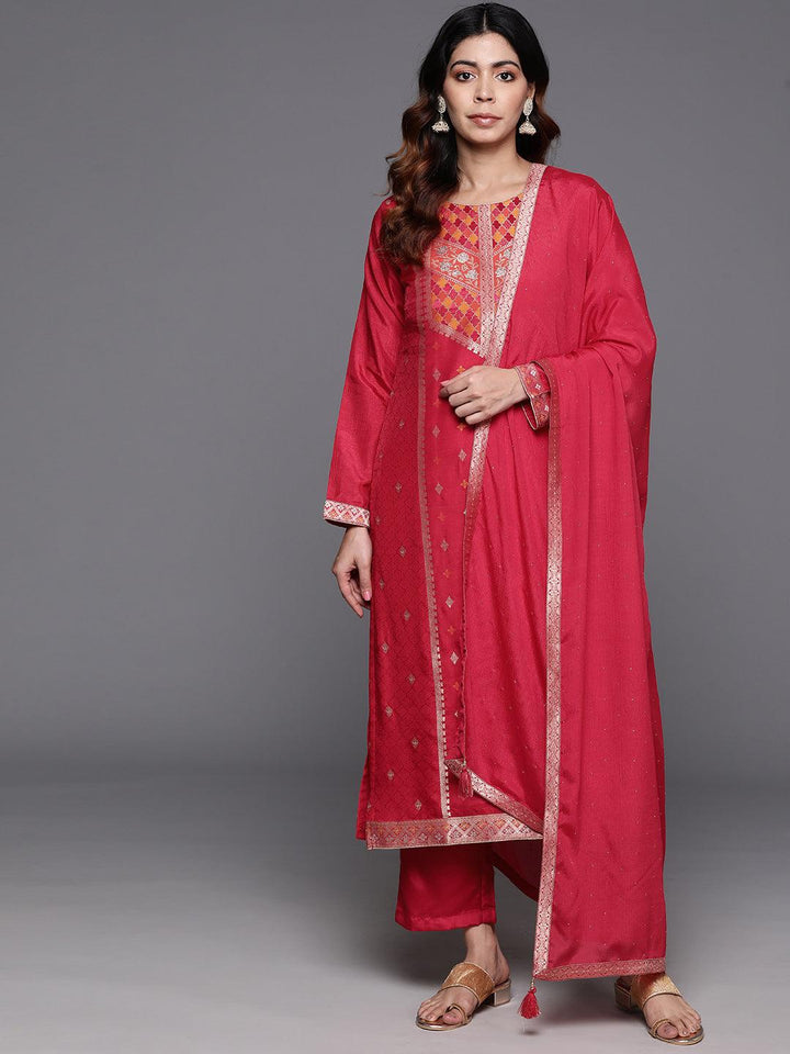 Pink Woven Design Silk Blend Straight Suit With Dupatta