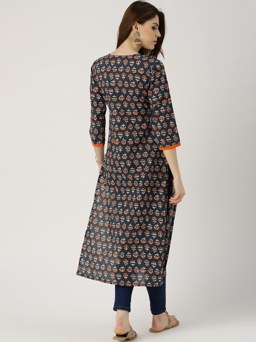 Blue Printed Cotton Kurta - ShopLibas