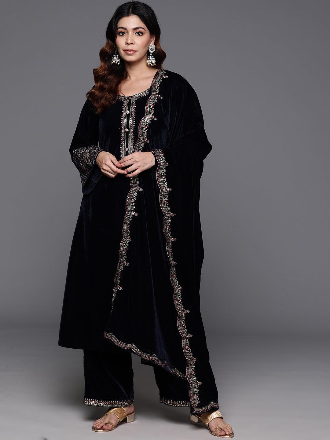 Navy Yoke Design Velvet A-Line Kurta With Palazzos & Dupatta - ShopLibas