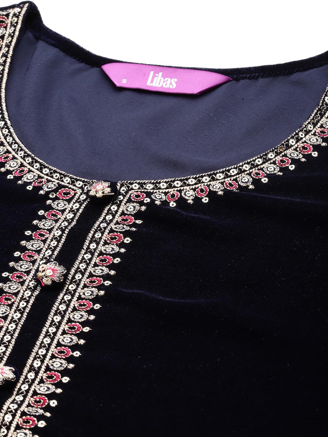 Navy Yoke Design Velvet A-Line Kurta With Palazzos & Dupatta - ShopLibas