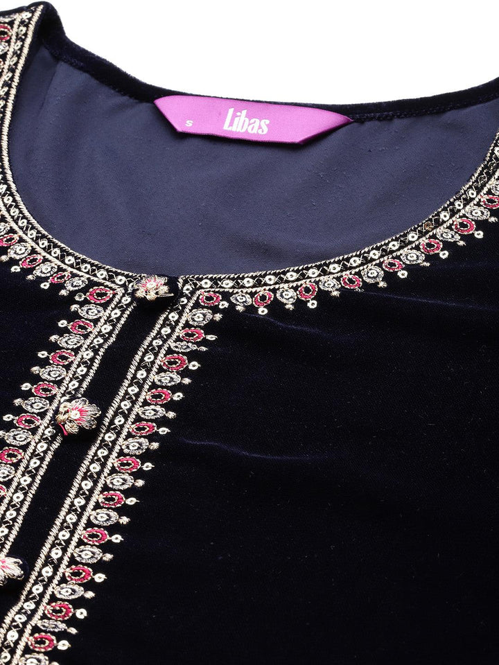 Navy Yoke Design Velvet A-Line Kurta With Palazzos & Dupatta