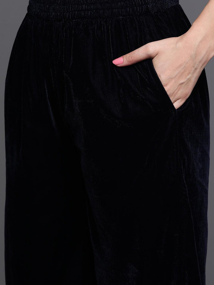 Navy Yoke Design Velvet A-Line Kurta With Palazzos & Dupatta