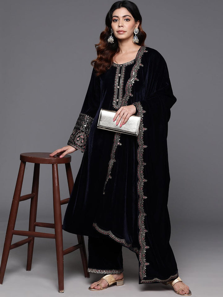 Navy Yoke Design Velvet A-Line Kurta With Palazzos & Dupatta