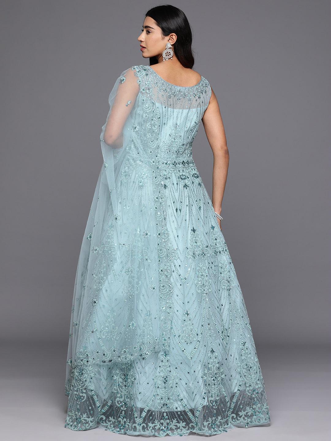 Libas Art Sea Green Embellished Net Gown Dress - ShopLibas