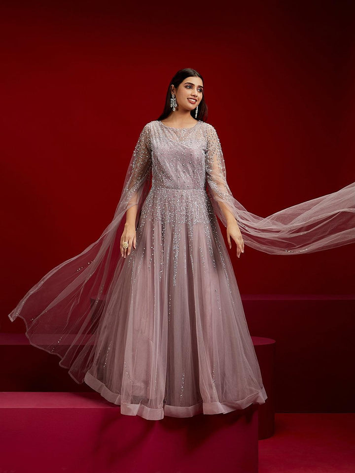 Libas Art Mauve Embellished Polyester Gown With Dupatta