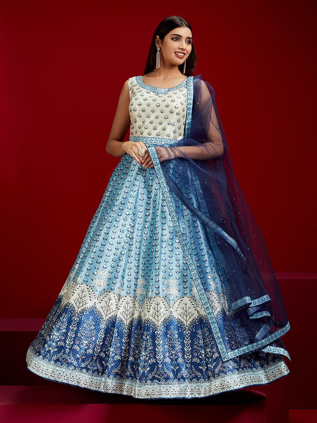 Blue Printed Silk Gown With Dupatta XL Blue Printed Silk Gown With Dupatta XL