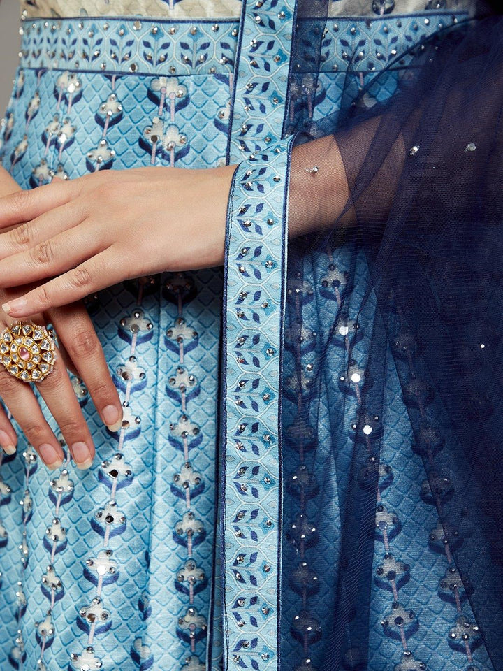 Libas Art Blue Printed Silk Gown With Dupatta