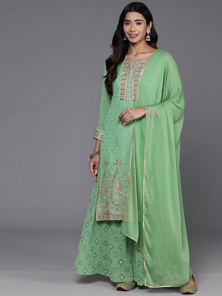 Green Embroidered Georgette Straight Suit With Dupatta