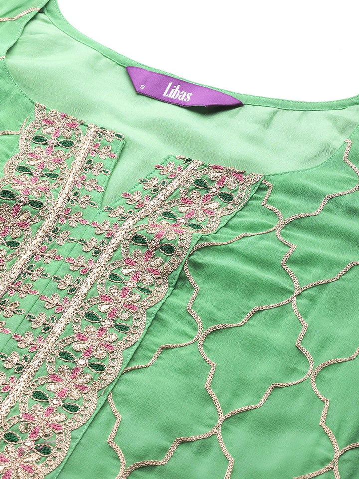 Green Embroidered Georgette Straight Suit With Dupatta