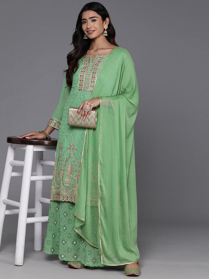 Green Embroidered Georgette Straight Suit With Dupatta