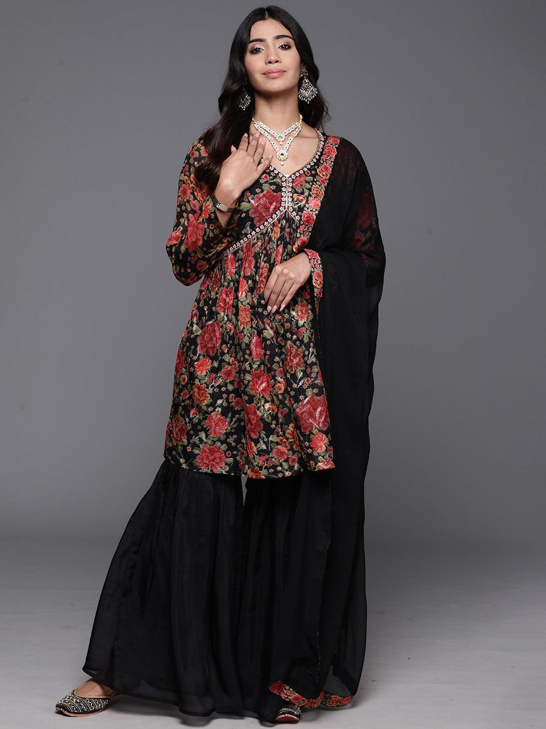 Black Printed Organza A-Line Kurta With Sharara & Dupatta - ShopLibas