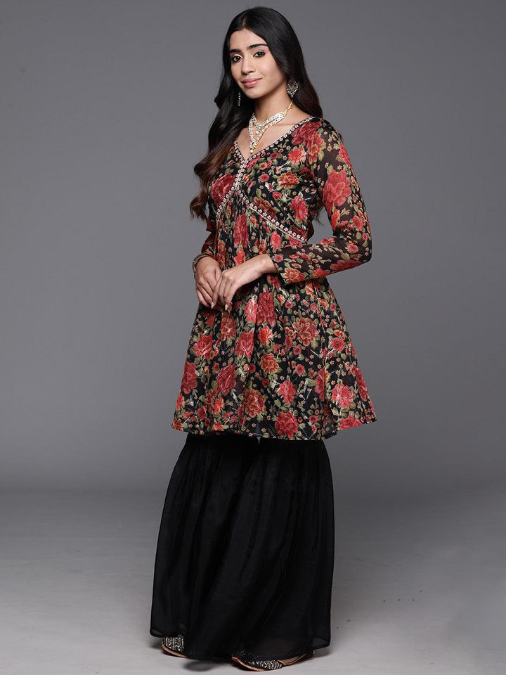 Black Printed Organza A-Line Kurta With Sharara & Dupatta
