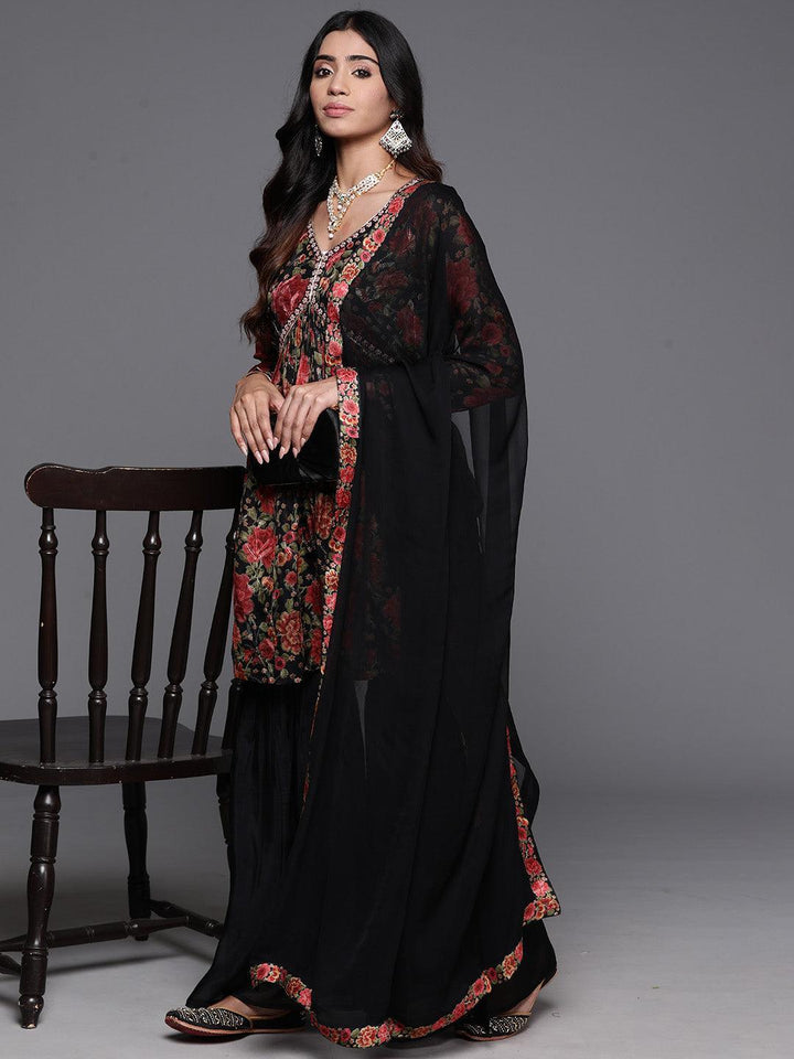 Black Printed Organza A-Line Kurta With Sharara & Dupatta