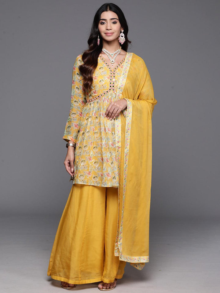 Yellow Printed Organza A-Line Kurta With Palazzos & Dupatta
