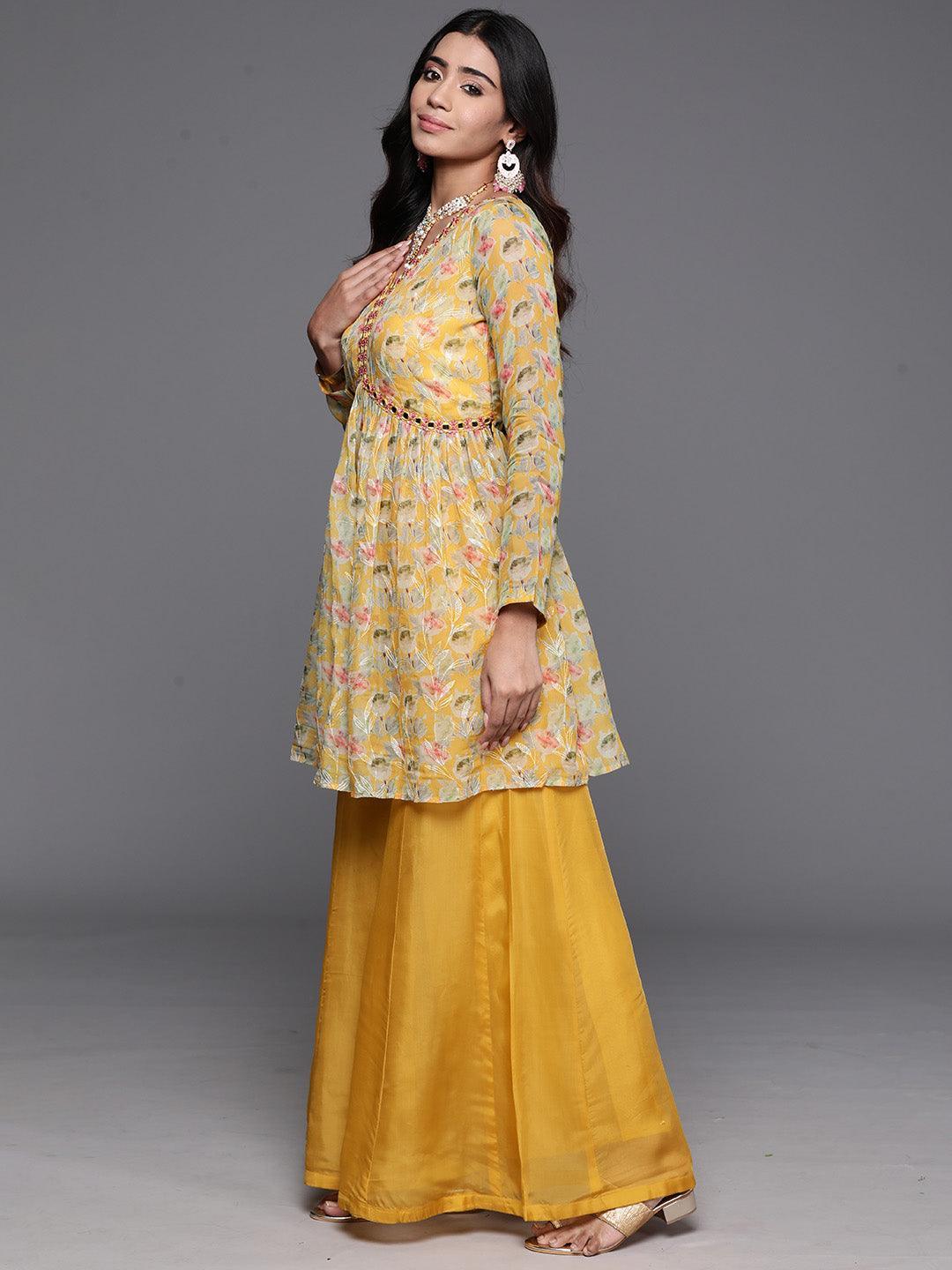 Yellow Printed Organza A-Line Kurta With Palazzos & Dupatta - ShopLibas