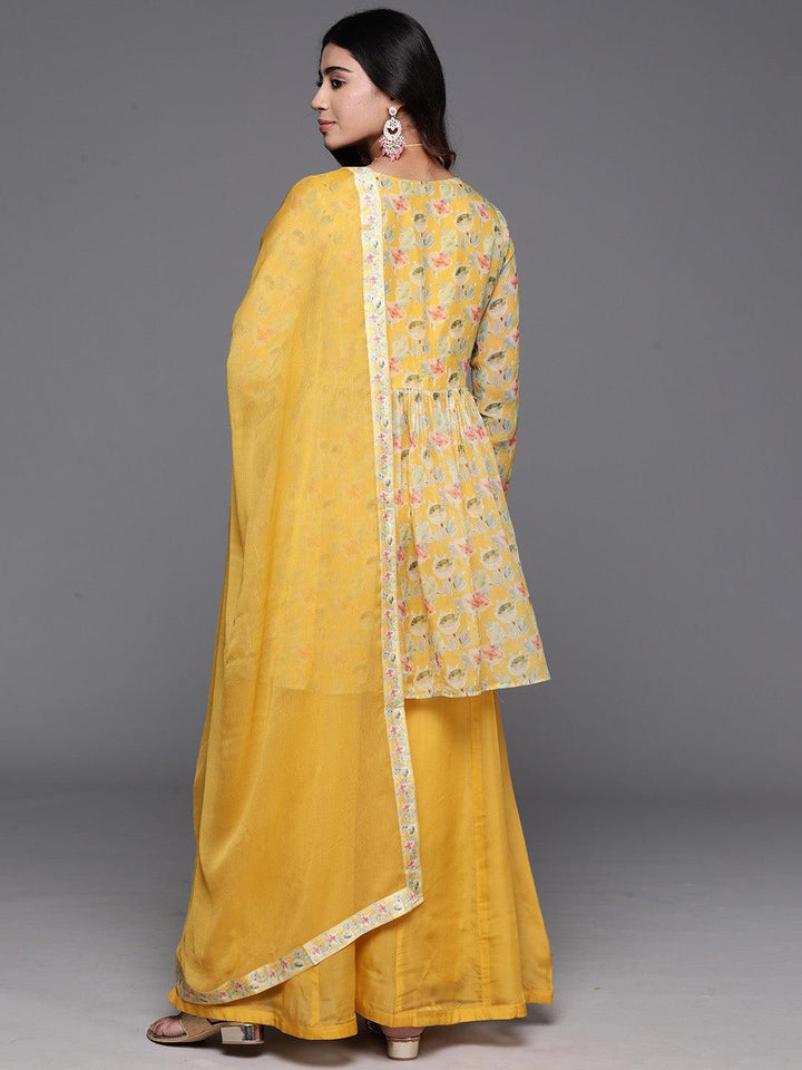 Yellow Printed Organza A-Line Kurta With Palazzos & Dupatta