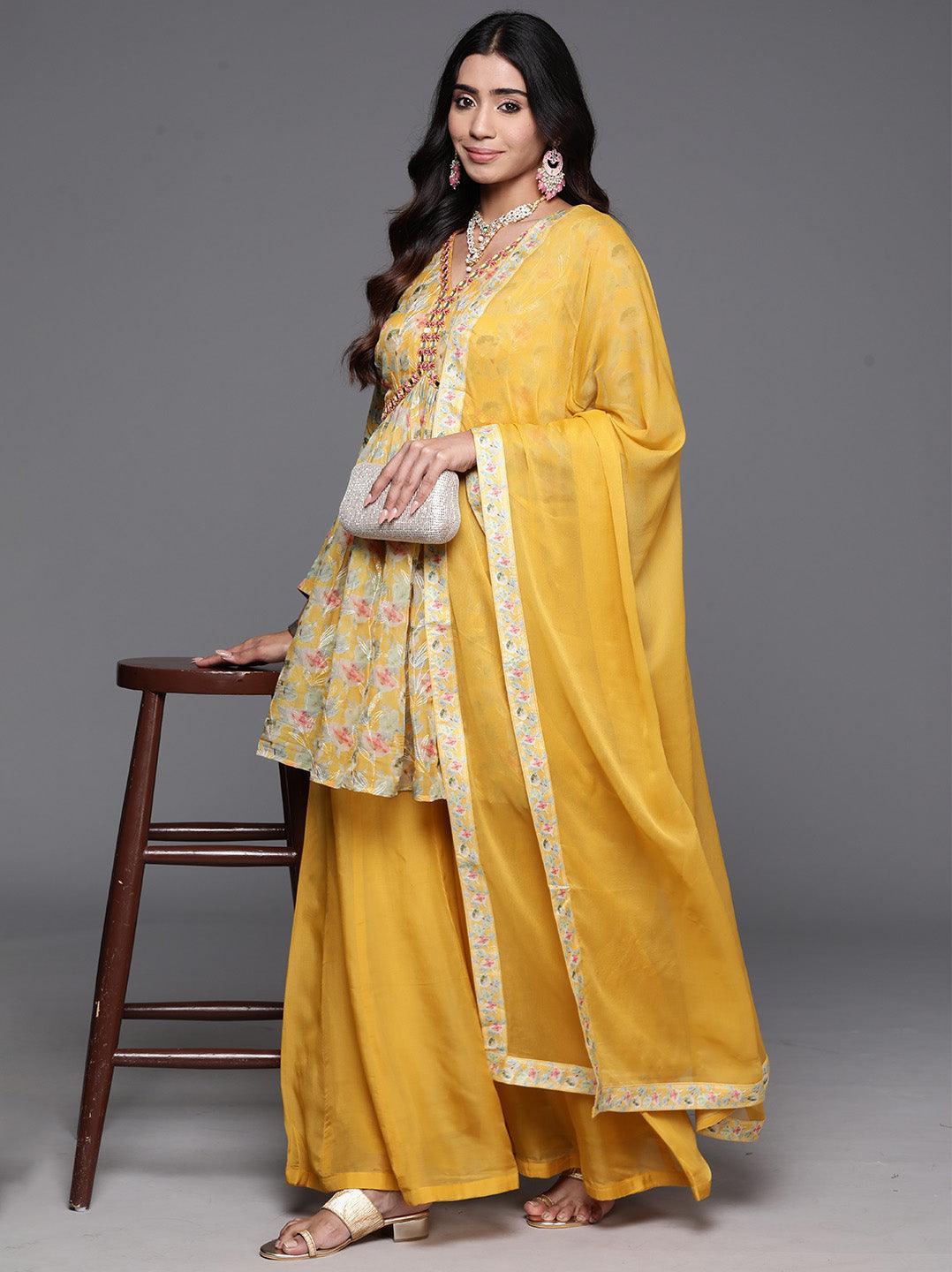 Yellow Printed Organza A-Line Kurta With Palazzos & Dupatta - ShopLibas