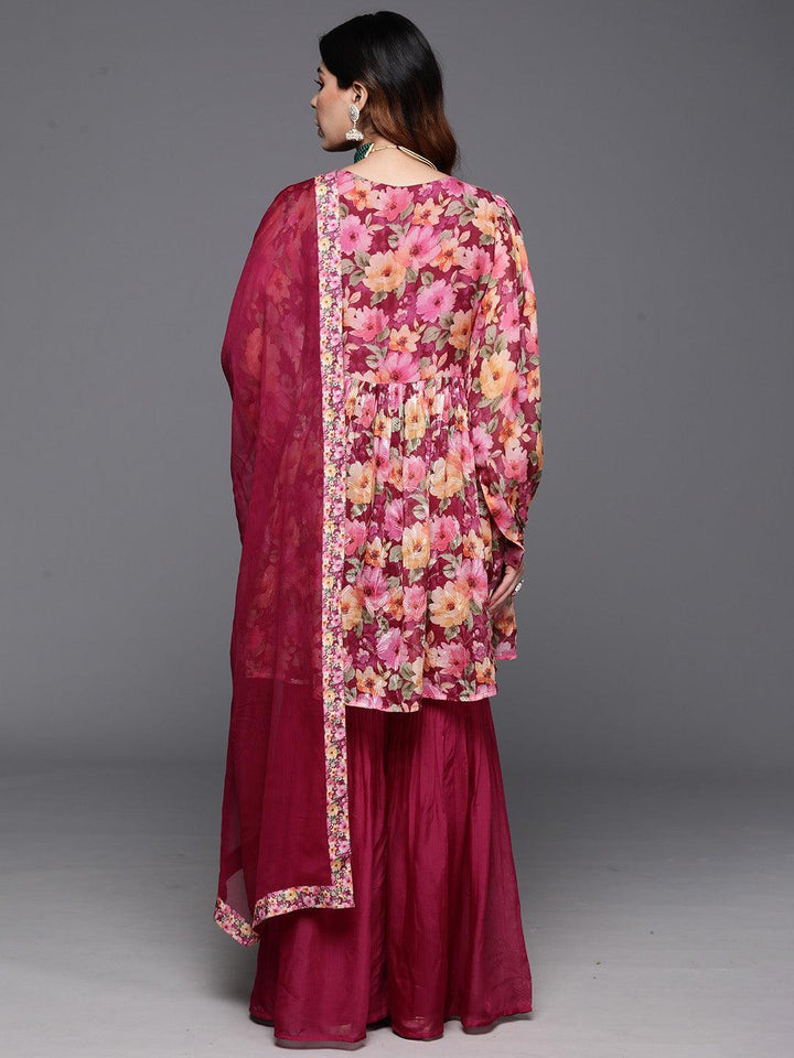 Maroon Printed Organza A-Line Kurta With Sharara & Dupatta