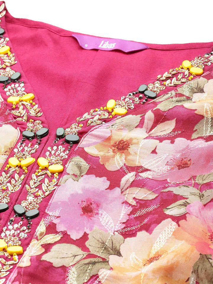 Maroon Printed Organza A-Line Kurta With Sharara & Dupatta