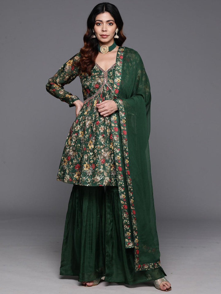 Green Printed Organza A-Line Kurta With Sharara & Dupatta