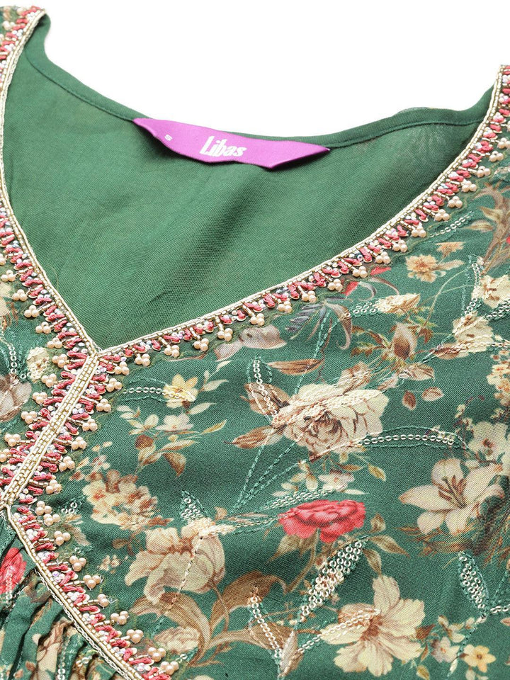 Green Printed Organza A-Line Kurta With Sharara & Dupatta