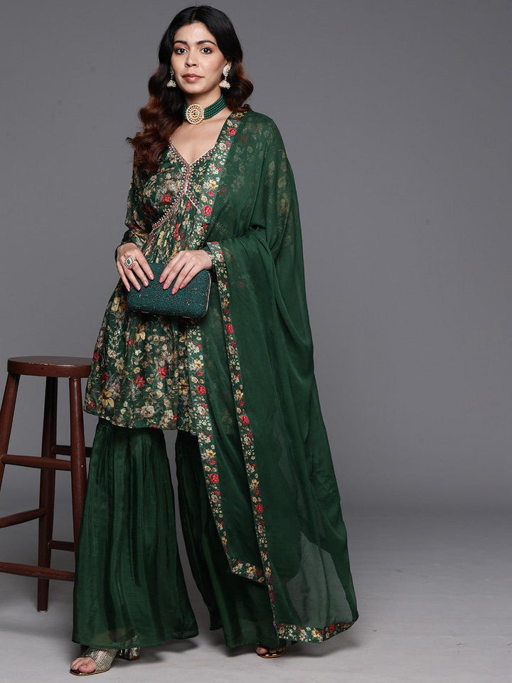 Green Printed Organza A-Line Kurta With Sharara & Dupatta