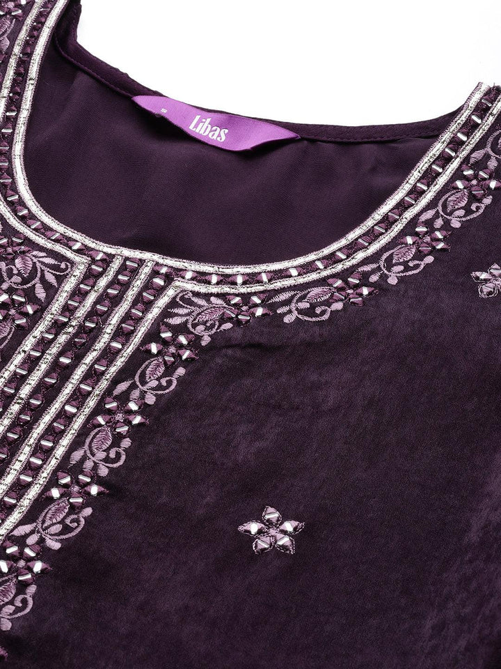 Wine Embroidered Polyester Straight Kurta Set