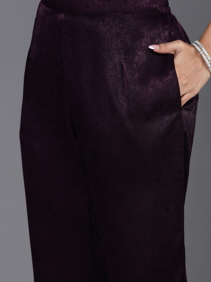 Wine Embroidered Polyester Straight Kurta Set