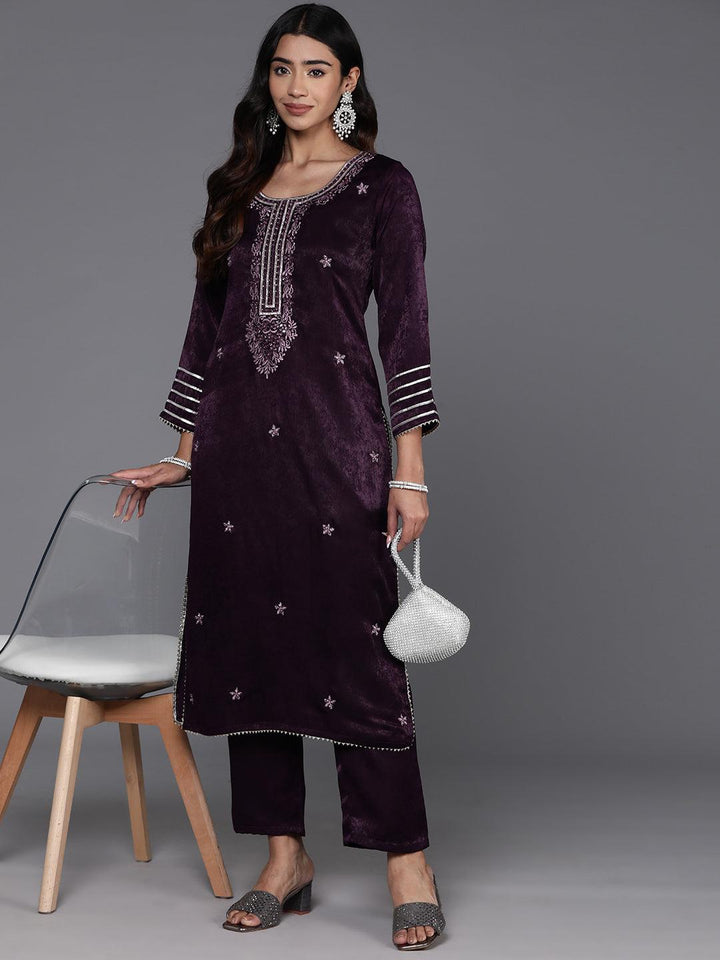 Wine Embroidered Polyester Straight Kurta Set