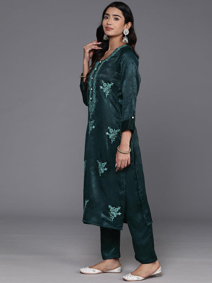 Teal Embroidered Polyester Straight Kurta Set