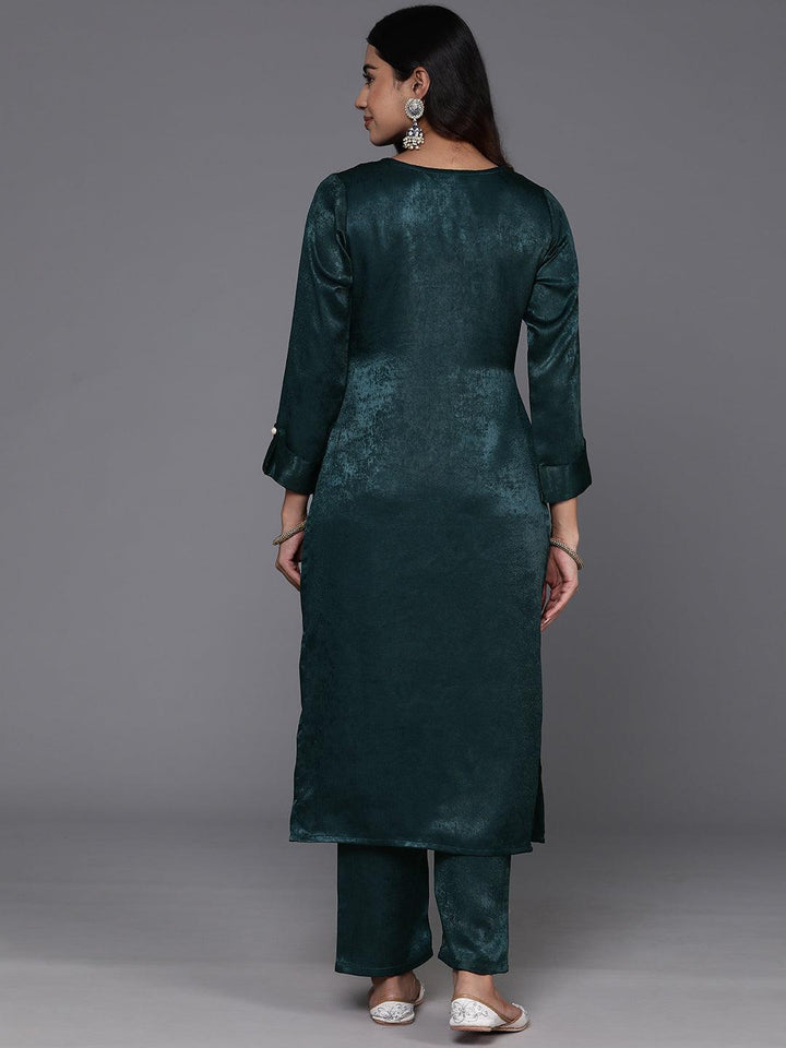 Teal Embroidered Polyester Straight Kurta Set